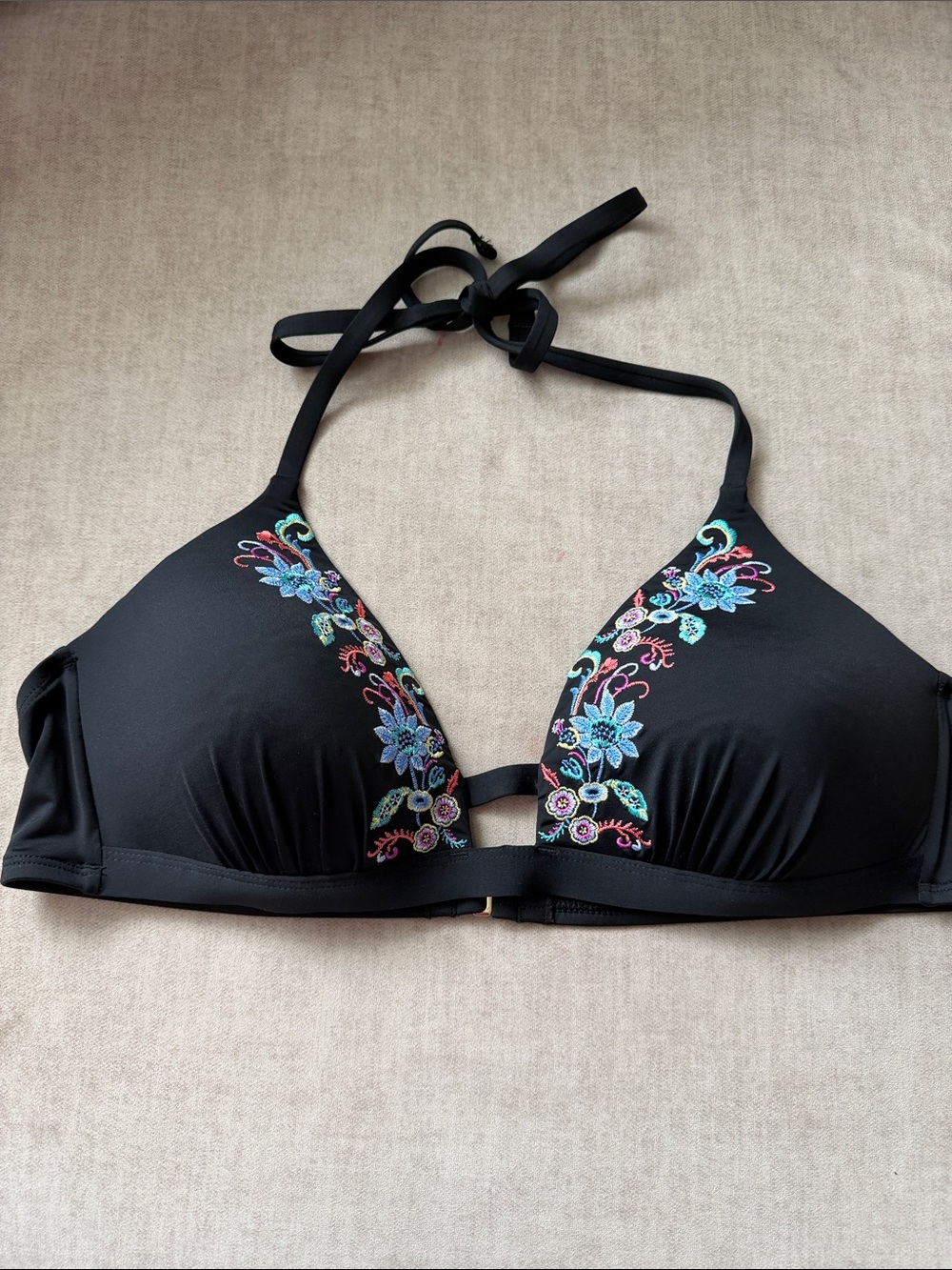 Apt. 9 Black Bikini Top with Blue & Pink Floral Embroidery NWOT